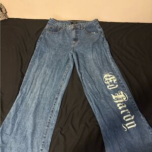 Ed Hardy baggy wide leg Blue Jeans with design